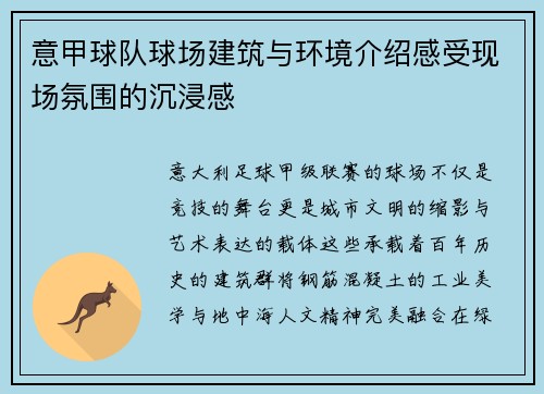 意甲球队球场建筑与环境介绍感受现场氛围的沉浸感