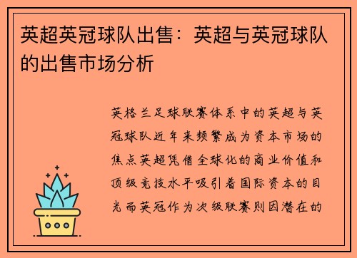 英超英冠球队出售：英超与英冠球队的出售市场分析